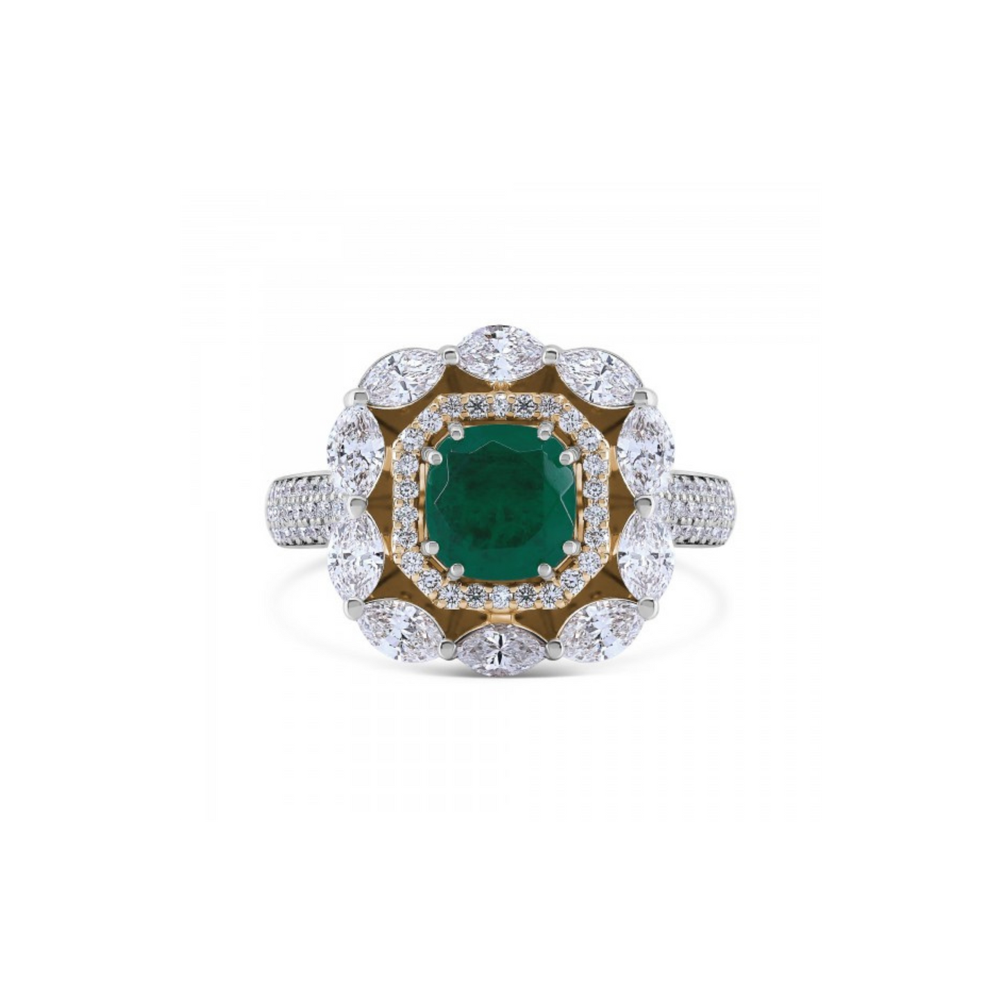 SIMULATED EMERALD & NATURAL DIAMOND RAISED TULIP BASKET RING