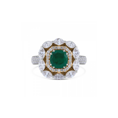 SIMULATED EMERALD & NATURAL DIAMOND RAISED TULIP BASKET RING