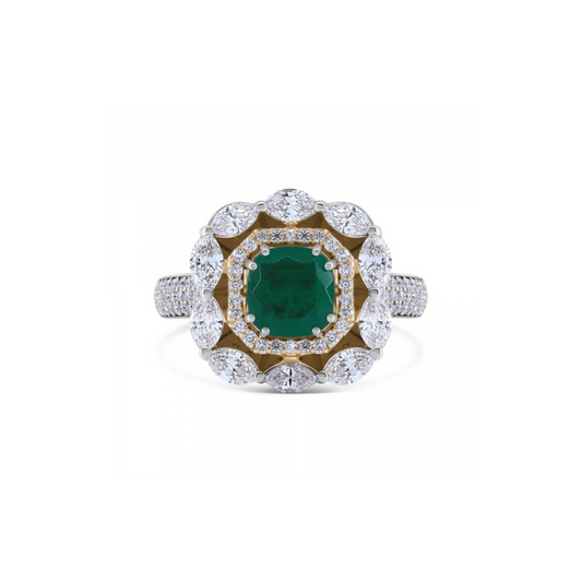 SIMULATED EMERALD & NATURAL DIAMOND RAISED TULIP BASKET RING