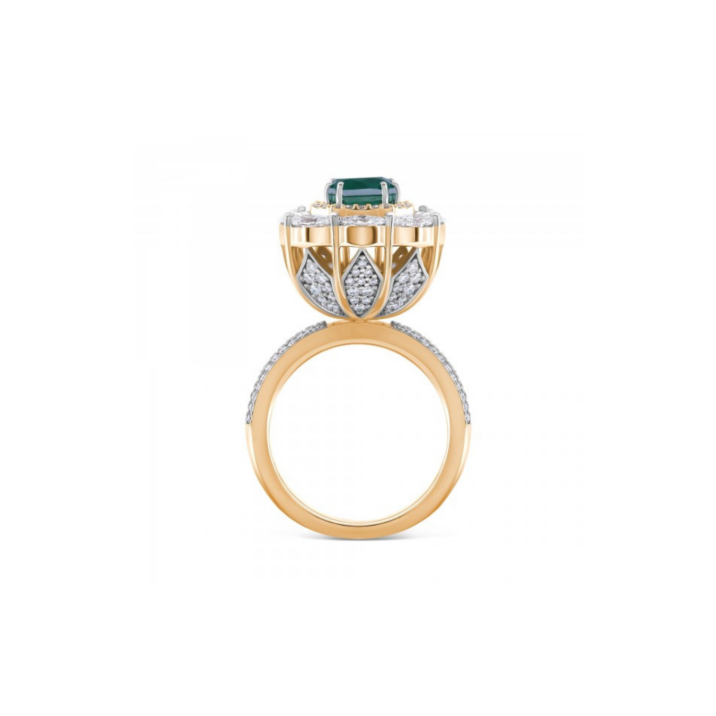 SIMULATED EMERALD & NATURAL DIAMOND RAISED TULIP BASKET RING