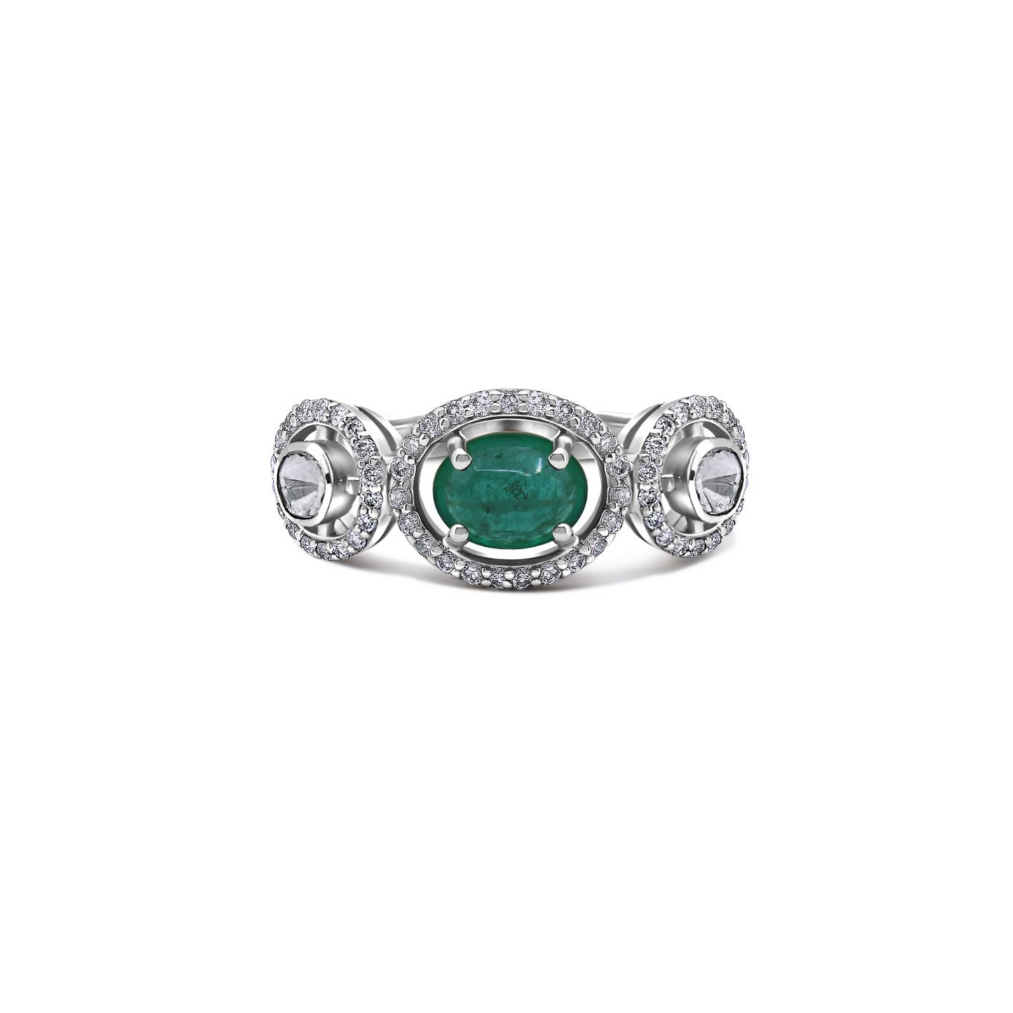 EMERALD & POLKI UNCUT DIAMOND THREE-STONE HALO RING