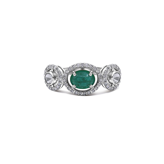 EMERALD & POLKI UNCUT DIAMOND THREE-STONE HALO RING