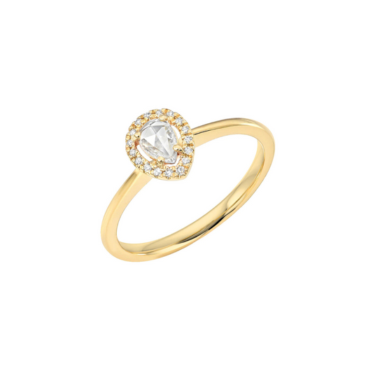 LIVEN CO. ROSE CUT TEARDROP WITH HALO DIAMOND RING GOLD